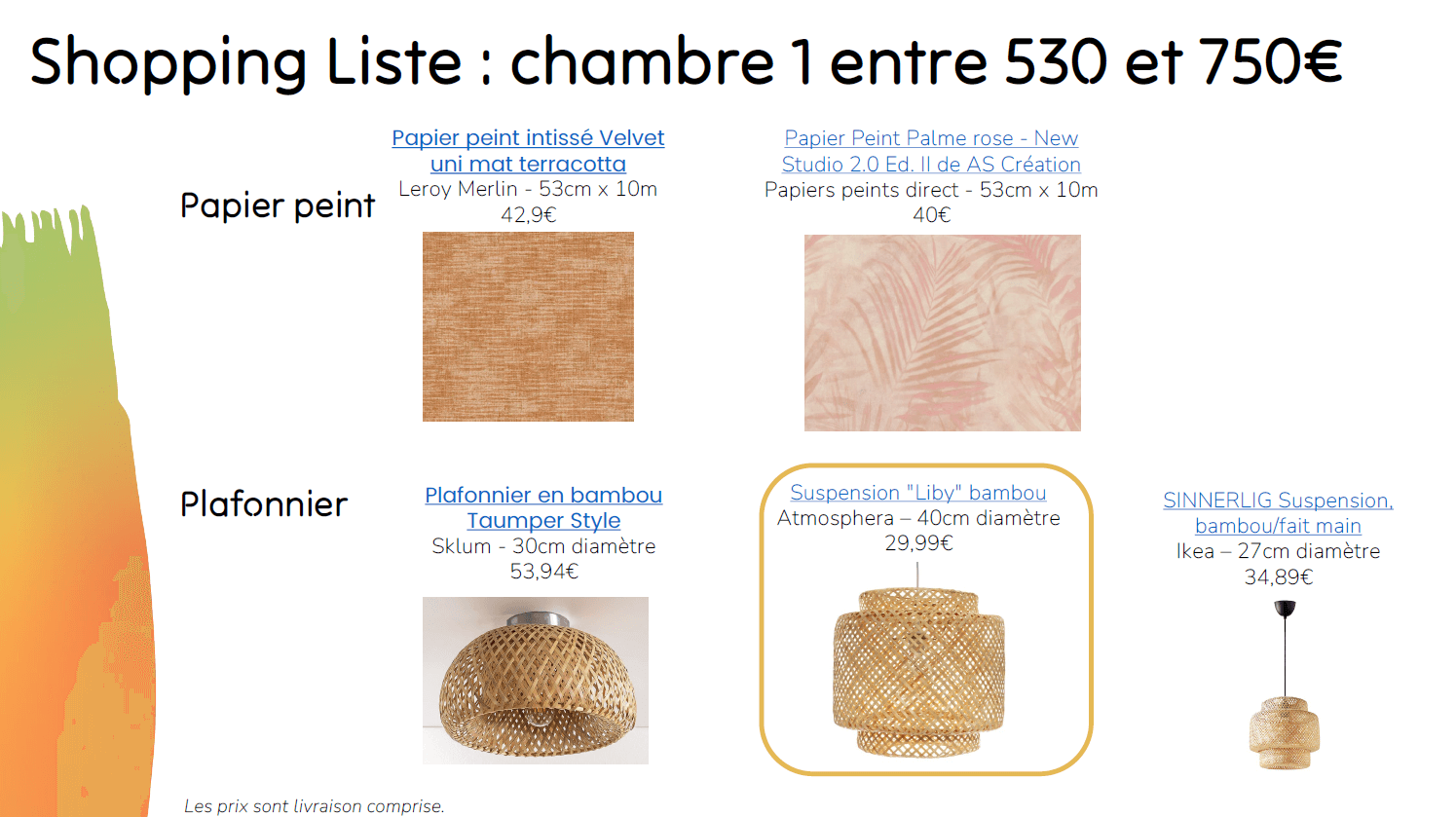Shopping Liste Alice et Mathieu chambre 2