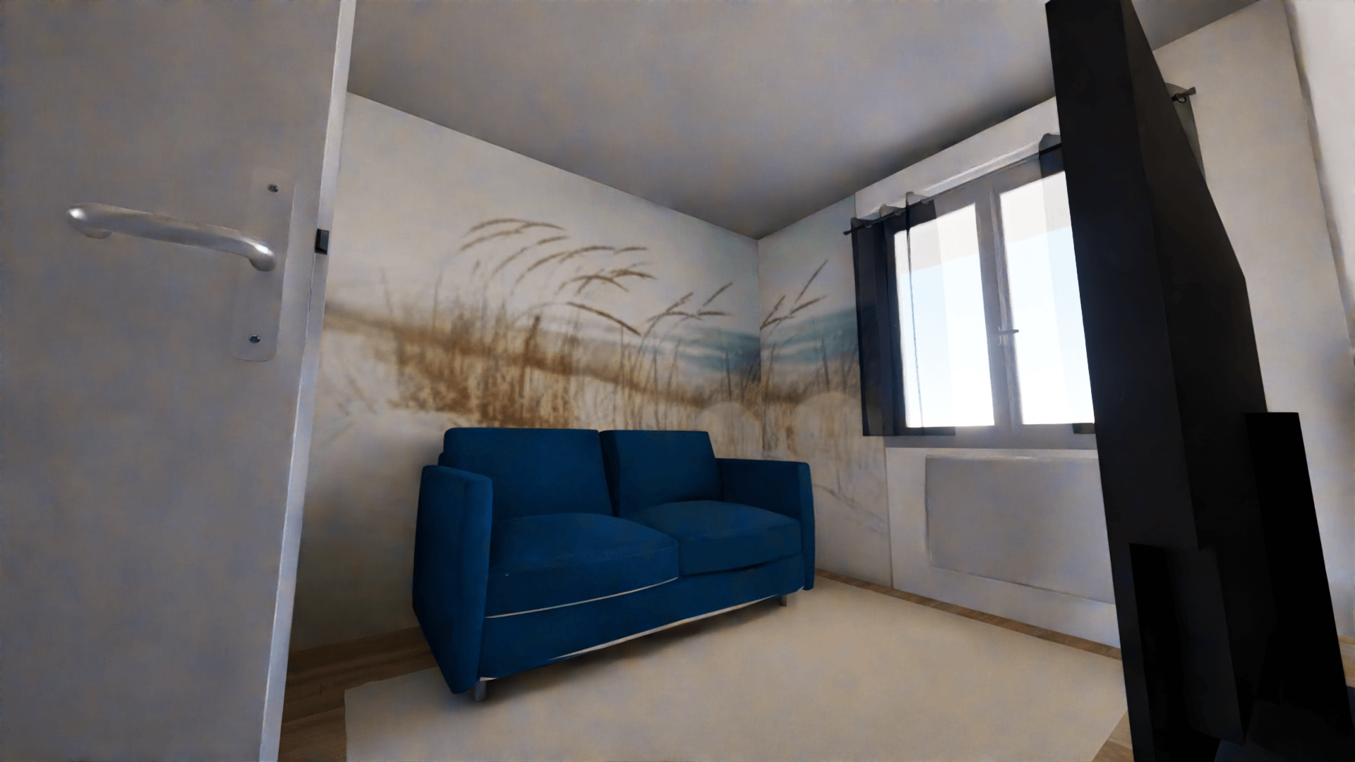 Rendu 3D photoréaliste chambre amis Annik avec le papier peint Dune des Lés de Ninon